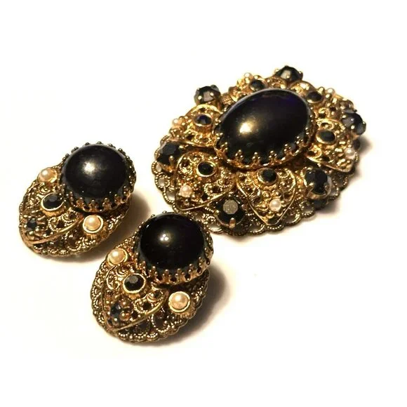 WEST GERMANY BLACK HEMATITE PEARL GOLD FILIGREE PENDANT & CLIP ON EARRINGS SET - Picture 3 of 12